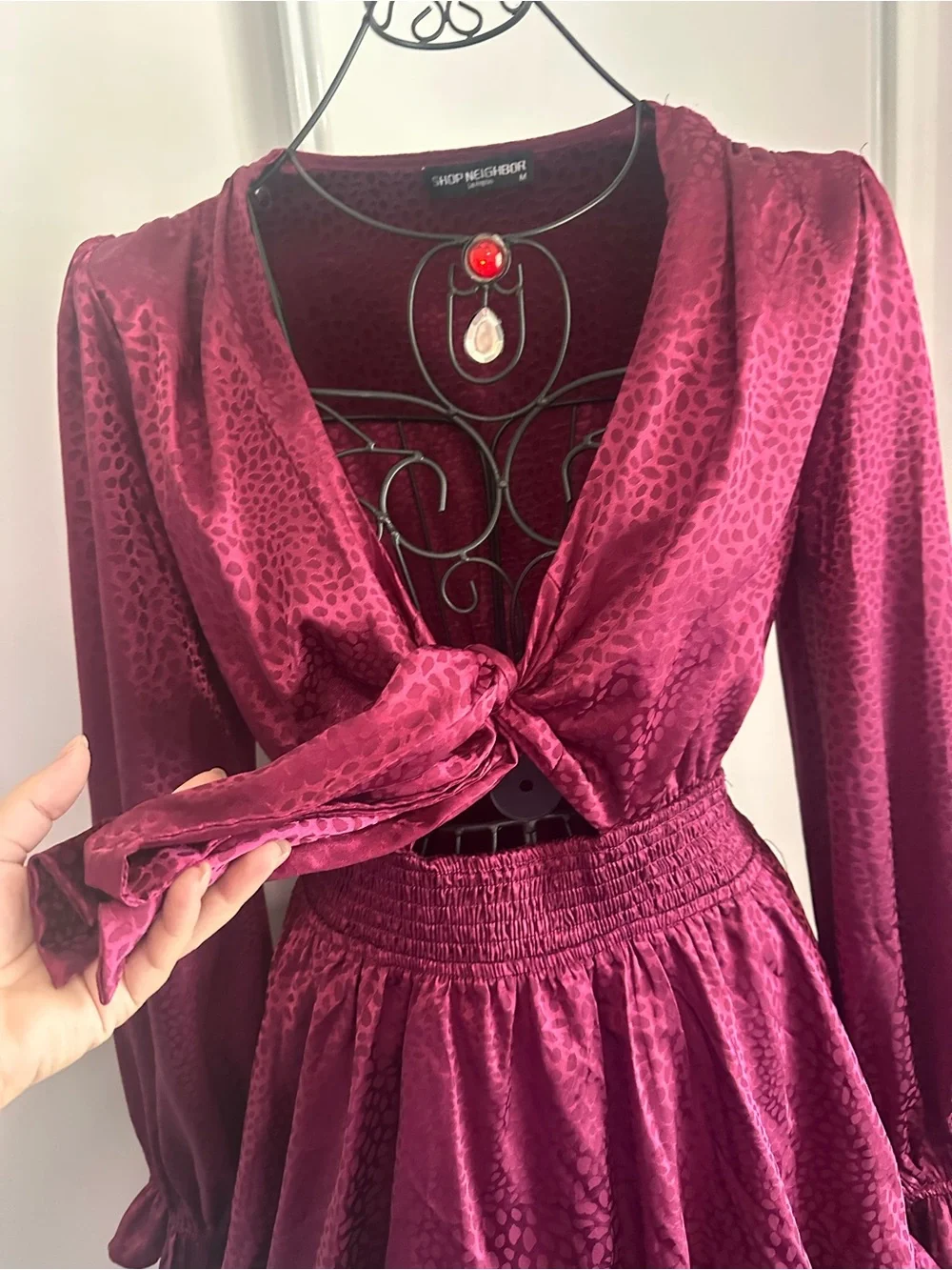 Tie-Front Ruffled Mini Dress in Deep Wine - Picture 3 of 6